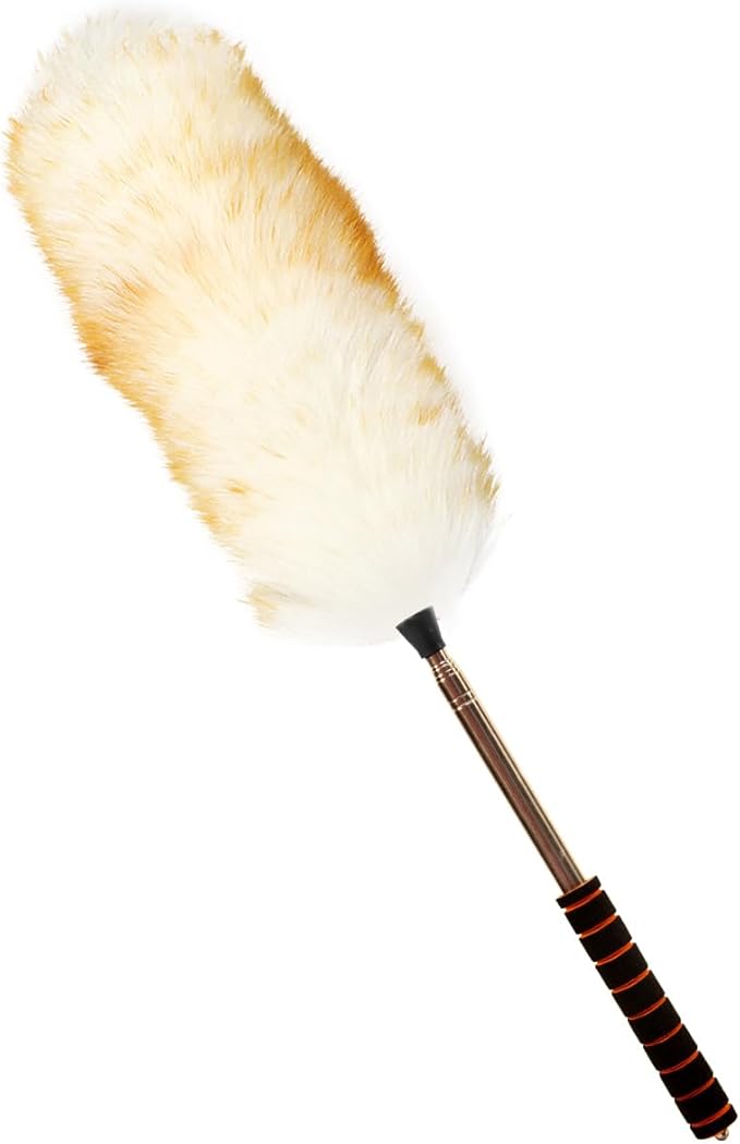 iHUFeather Lambs Wool Extendable Household Cleaning Duster 64" Wall Duster Cleaner with Stainless Steel Long Handle and Extension Pole for Cleaning High Ceiling Fan Interior Roof, Yellow&White