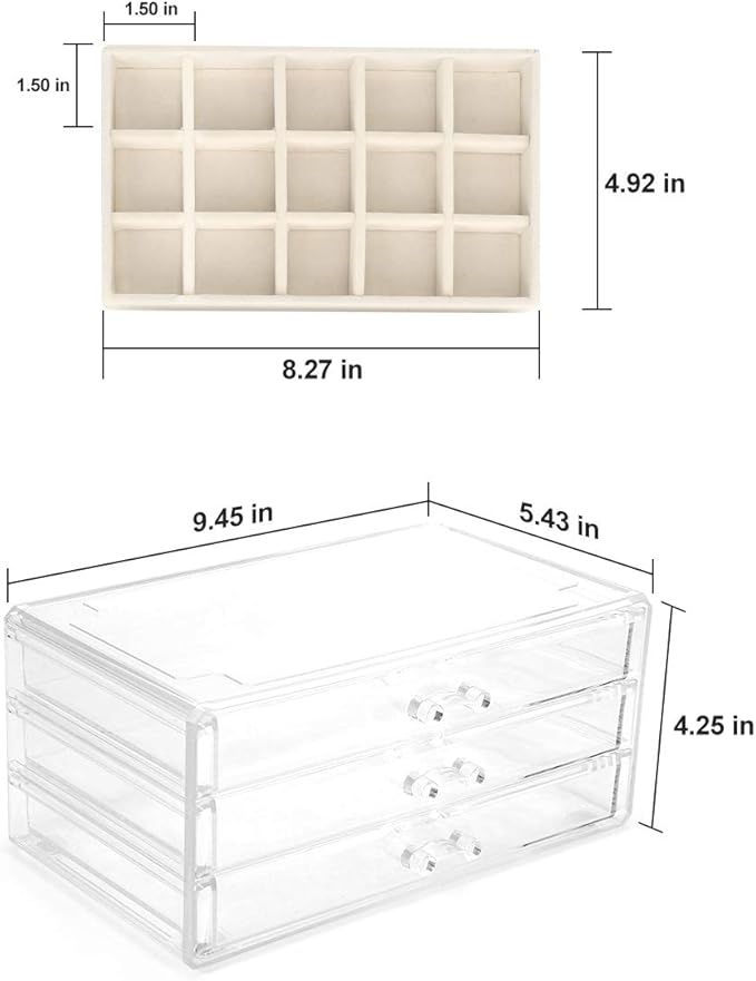 Acrylic Jewelry Organizer Makeup Cosmetic Storage Organizer box Clear Jewelry Case with 3 Drawers Adjustable Jewelry Box Velvet Trays grid size