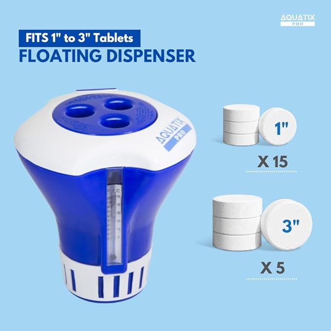 Aquatix Pro Pool Chlorine Floater Dispenser with Thermometer for 1 to 3 inch Tablets, Large & Durable Floating Dispenser for Spa, Hot Tub, In-ground & Above Ground Pools, Adjustable Flow Rate