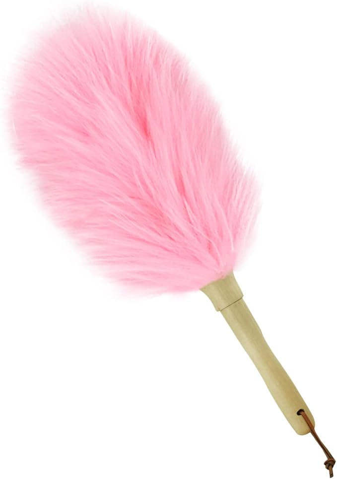 iHUFeather Lambswool Duster 14'' Length Solid Wooden Handle Leather Hang Strap for Cleaning Ceiling Fans Window Blinds Computer Furniture Figurines TV Natural Feather Duster,Pink