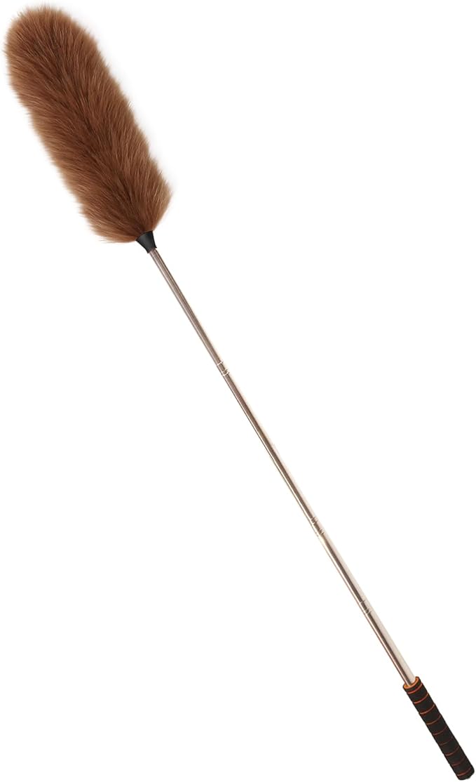 iHUFeather Lambs Wool Extendable Household Cleaning Duster 64" Wall Duster Cleaner with Stainless Steel Long Handle and Extension Pole for Cleaning High Ceiling Fan Interior Roof, Brown