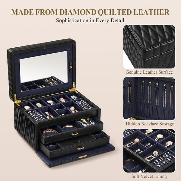 Genuine Leather Jewelry Box - 3 Layer Large Jewelry Organizer with Mirror, Lockable Jewelry Box for Women - Necklace, Ring, Earring Organizer with Drawer - Valentine's Day Gift (Black)