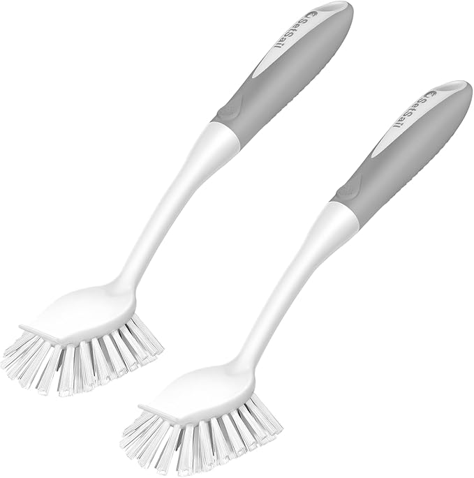 SetSail Dish Brush with Handle, 2 Pack Stiff Bristles Dish Scrubber with Built-in Scraper Dish Scrub Brushes for Cleaning Dishes, Pots and Pans, Kitchen Sink, Grey