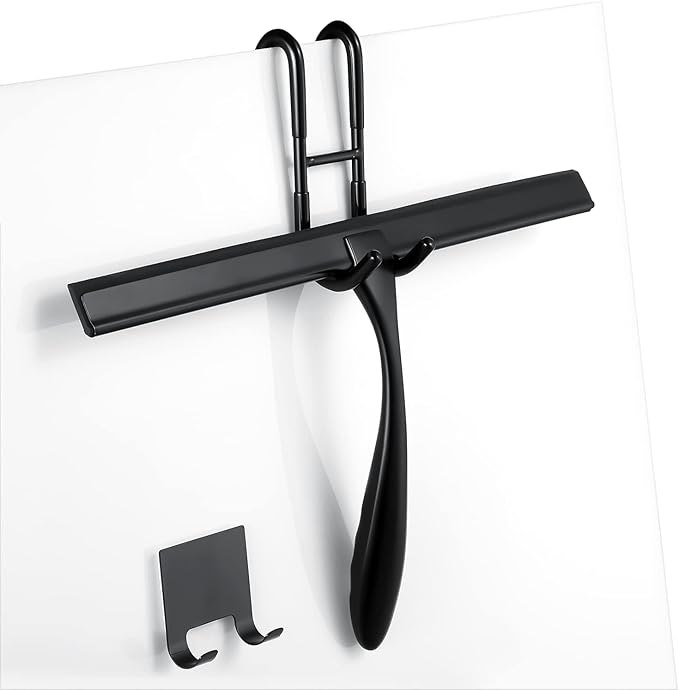steauty Shower Squeegee for Glass Doors,14-Inch Shower Glass Squeegee, Matte Black Shower Squeegee for Shower Doors,Mirror,Windows, with Shower Door Hook and Adhesive Hook
