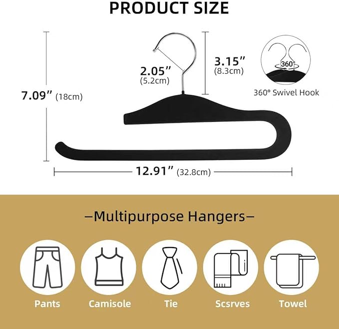 Velvet Pants Hangers, 20 Pack Non-Slip Open Ended Hangers with 360° Swivel Hook Slim Space Saving Jeans Hangers for Pants, Scarves, Ties, Towels, Black
