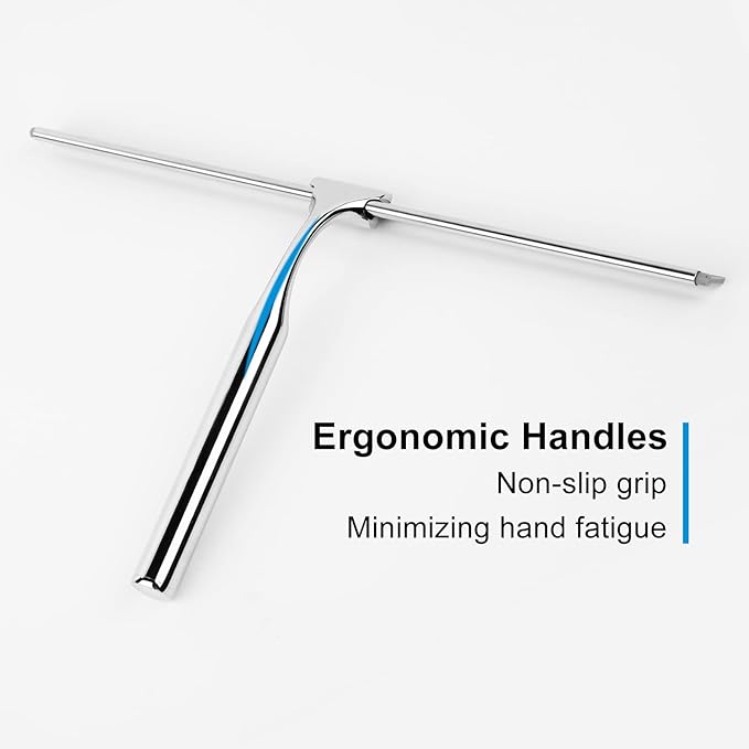 Shower Squeegee for Glass Doors, 12" Stainless Steel Squeegees for Shower Doors, Bathroom, Window and Car Glass, All-Purpose Cleaning Squeegee with Matching Hooks Holder, 1 Replacement Squeegee Blade