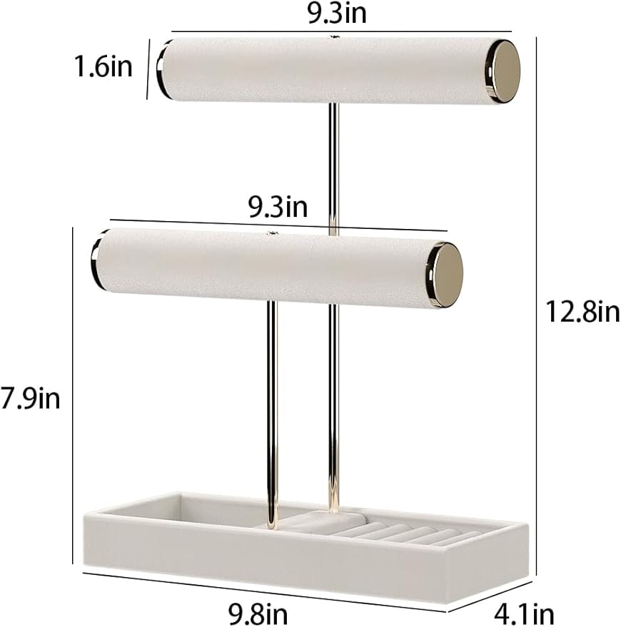 Gghenda 2 Tier Necklace Bracelet Holder Organizer with Ring Tray Jewelry Display Stand，Jewelry Holder for Scrunchie Watches Detachable (Biege)