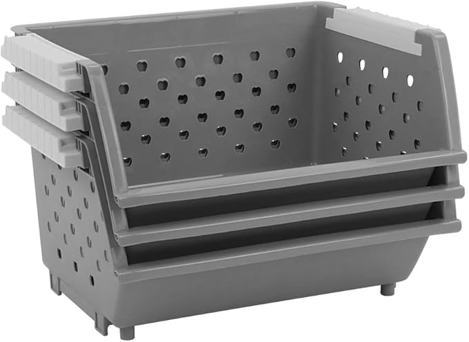 Ggbin 3 Tier Stackable Storage Baskets, Plastic Stacking Open Front Storage Bin, Grey