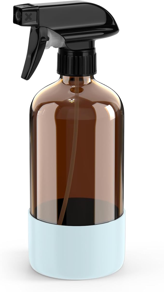 Bontip Amber Glass Spray Bottle with Silicone Sleeve Protection, 16 oz Refillable Spray Bottle for Cleaning Solutions, Plants, Aromatherapy, Facial Hydration (Blue Sleeve(Amber Bottle)