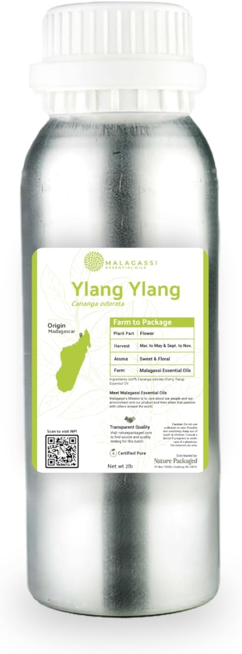 Ylang Ylang Essential Oil - Direct from Malagassi Essential Oils Madagascar - Steam Distilled - Aceite de Ylang Ylang for Aromatherapy, Diffuser, DIY Candle and Soap Making - 2lbs