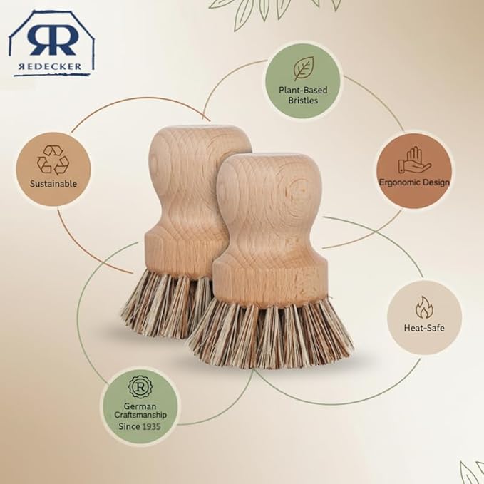 REDECKER Natural Fiber Bristle Pot Brush - Untreated Beechwood Handle - Heat-Resistant Union Fiber Head for Cleaning Pots, Pans and More - 2-1/2 inch Diameter - Set of 2 - Boar Bristle Dish Brush