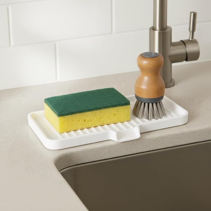 Happitasa Silicone Soap Dish Tray and Sponge Holder with Drain Chute | Bathroom and Kitchen Sink Organizer Caddy (Light Grey, 9"x3.5", 5.6 Ounces)