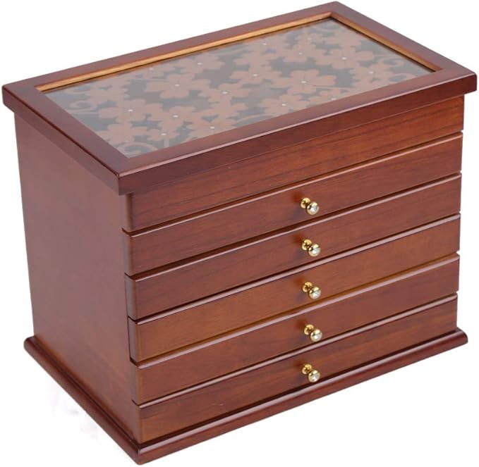 Jewelry Storage Organizer, 6 Layers with 5 Drawers Large Jewelry Organizer Wooden Storage Box Case for Woman (Brown type1)