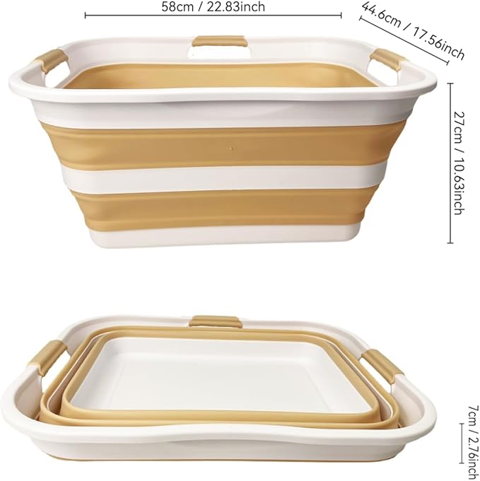 SAMMART 42 (11 Gallons) Collapsible Plastic Laundry Basket, Foldable Pop Up Storage Container/Organizer, Space Saving Hamper, Portable Bin for Dorm Room Bathroom (1, White/Beige)
