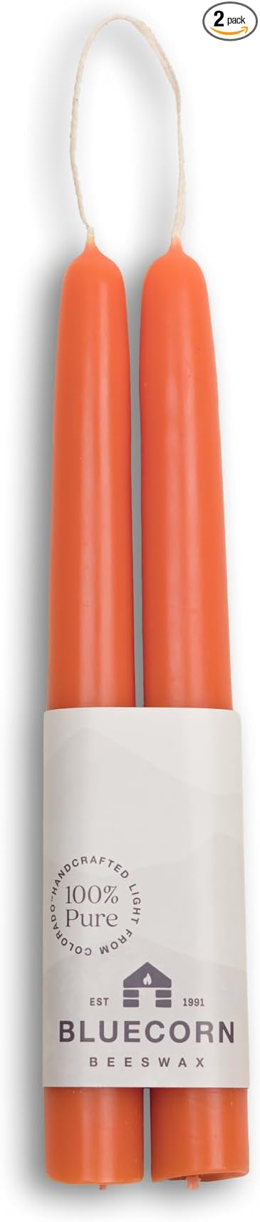 Bluecorn Beeswax Taper Candles, 100% Pure Natural Bees Wax, 8 Inch Pair, Orange Candlesticks, Unscented, Clean Burning & Dripless, Long Lasting, Thanksgiving & Christmas Decor, American Made, 1 Count