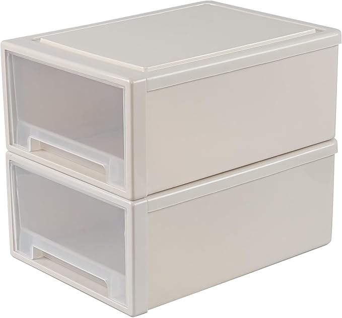17.8 Quart Desktop Stackable Storage Drawers, 2 Pack Plastic Drawer Boxes, Beige