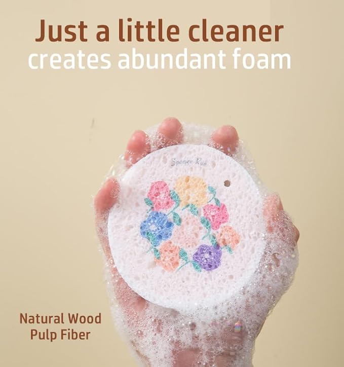Flower-Shaped Compressed Wood Pulp Sponge Scrubber - Dual-Sided Natural Dish Sponge for Kitchen, Eco-Friendly Quick-Drying Sponges for Dishes (12pcs)
