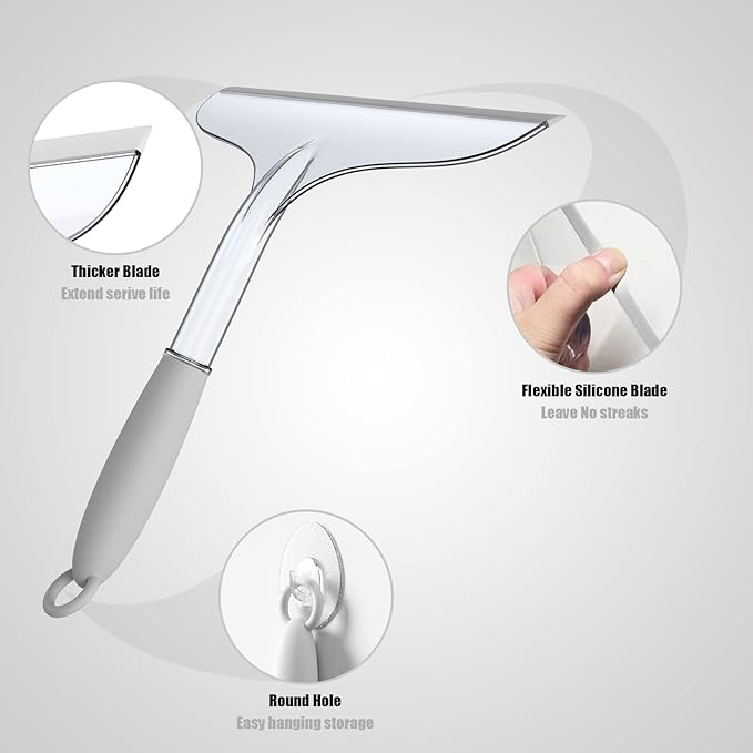 Shower Squeegee for Glass Shower Doors Bathroom Tile Mirror – Streak-Free Silent Window Cleaner with Non-Slip Handle and Adhesive Hook for Car and Home Cleaning