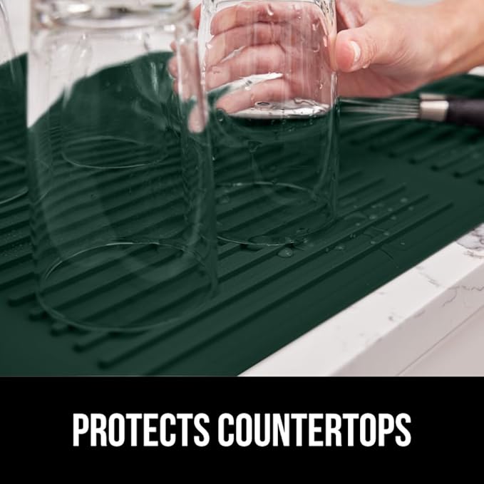 GORILLA GRIP 100% BPA-Free Silicone Dish Drying Mat for Kitchen Counter, 18x16, Quick Dry, Water Catching Ribbed Design, Easy Clean Waterproof Sink Liner, Heat Resistant, Fits Under Rack, Hunter Green