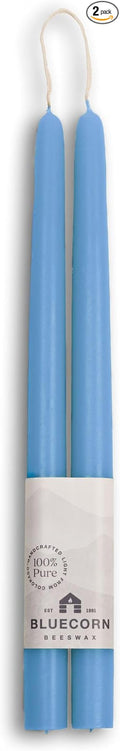 Bluecorn Beeswax Taper Candles, 100% Pure Natural Bees Wax, 12 Inch Pair, Sky Blue Candlesticks, Unscented, Clean Burning & Dripless, Long Lasting, Thanksgiving & Christmas Decor, American Made, 1 Ct