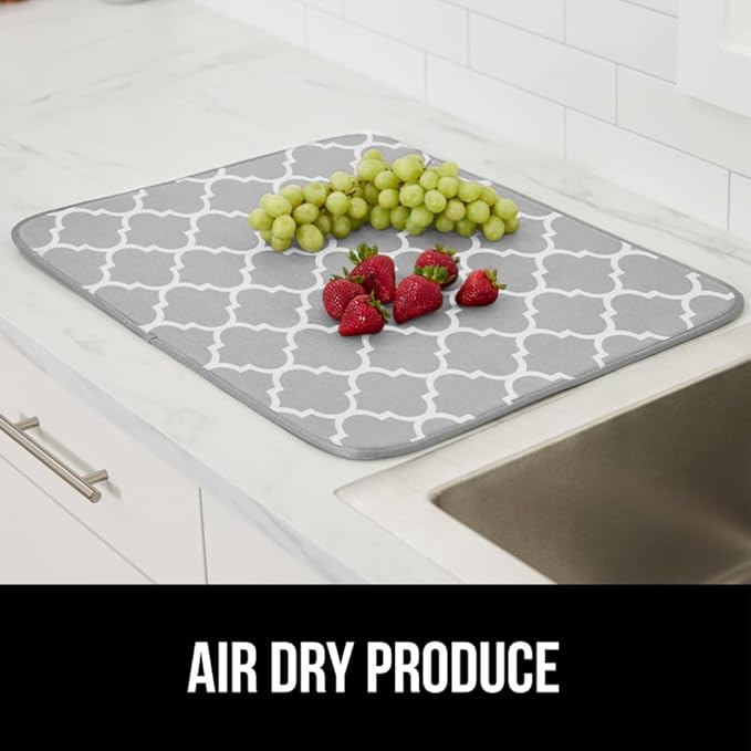 GORILLA GRIP Ultra Water Absorbent Microfiber Dish Drying Mat, 18x24, Quick Dry Mesh, Slip Resistant Pad for Sink Dishes or Under Rack, Kitchen Counter Accessories, Machine Wash, 2 Pack Quatrefoil