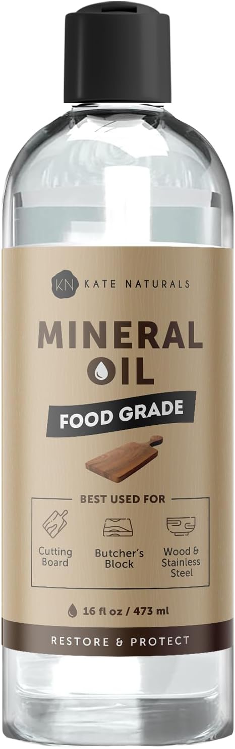 Kate Naturals Mineral Oil for Wood Cutting Board, Butcher Block, and Knife. Food Grade Mineral Oil for Wooden Cutting Board & Utensils (16oz, Food Safe)