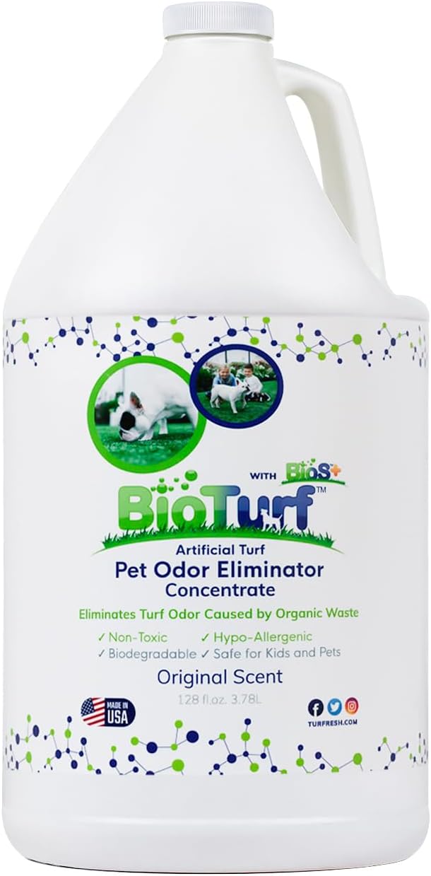BioTurf BioS+ Odor Eliminator Concentrate - Artificial Turf Cleaner for Dog Urine & Feces - Outdoor Yard Deodorizer Enzyme Odor Eliminator for Fake Grass, Patios, Kennels & Gravel - 1 Gallon