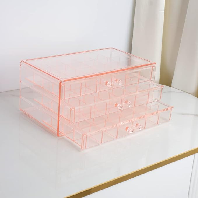 Earring Storage Box Organizer 3 Drawers Acrylic Jewelry Storage Box Holder Transparent Jewelry Display Stand with 72 Small Compartments Gift for Women Girls (Clear Pink)