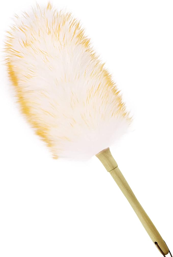iHUFeather Lambs Wool Duster for Cleaning Window Blinds Computer Furniture TV Computer Screens Bookshelves Solid Wooden Handle Natural Feather Duster,16'', Yellow&White