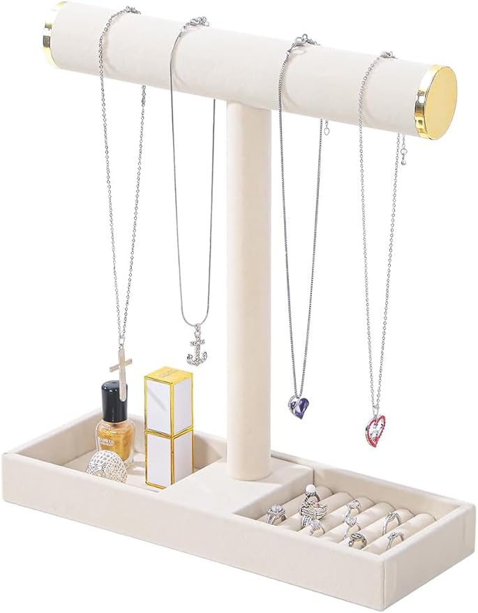 Justsoso Multi-Use Jewelry Holder Stand, Necklace Bracelet Ring Organizer Stand, Scrunchie Watches Velvet Jewelry Holder Stand With Tray for Women Girls Home Use(Beige with Lid)