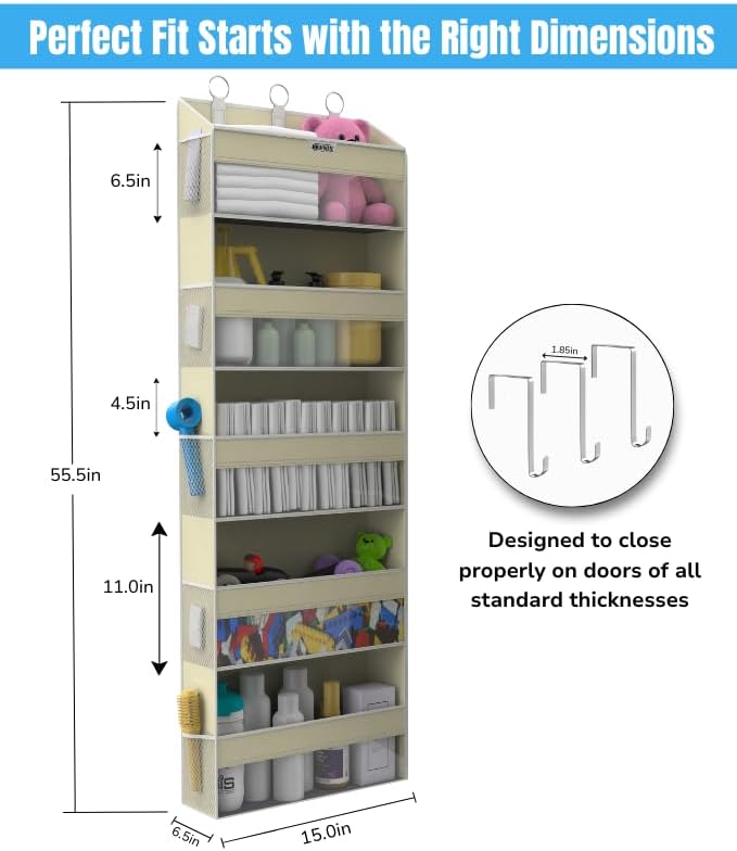 BRENIX Over the Door Organizer with 5 Large Pockets & 10 Mesh Side Pockets – Durable Hanging Storage for Closet, Bathroom, Bedroom, and Nursery– Space Saving Door Storage with Sturdy Metal Hooks.