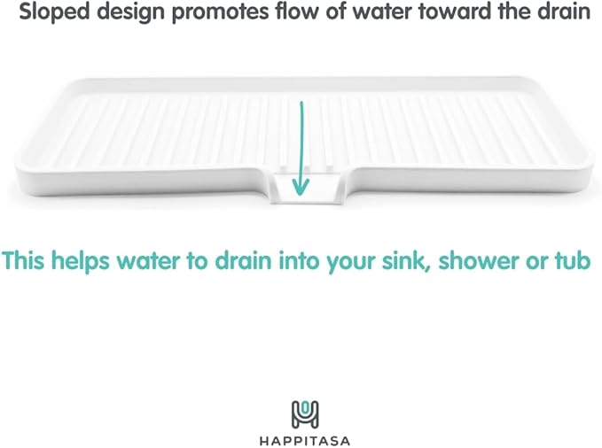 Happitasa Silicone Soap Dish Tray and Sponge Holder with Drain Chute | Bathroom and Kitchen Sink Organizer Caddy (White, 12"x4", 7.4 Ounces)