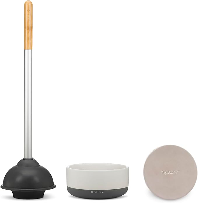 Full Circle Royal Plunge - Bathroom Toilet Plunger with Ceramic Holder and Diatomaceous Earth Disk for Mold & Mildew Prevention, Easy to Clean & More Hygenic, White
