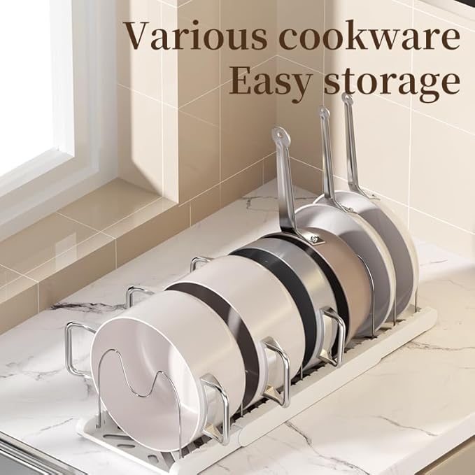 Lhieiayh Pot Rack -Expandable Pan Organizer for Cabinet,Pot Lid Holder with 7 Adjustable Compartment for Kitchen Cabinet Cookware Baking Frying Rack,Apricot