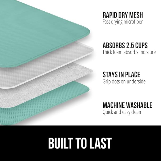 GORILLA GRIP Ultra Water Absorbent Microfiber Dish Drying Mat 2 Pack, Quick Dry Thick Mesh, Slip Resistant Pad for Sink Dishes or Under Rack, Kitchen Counter Accessories, Machine Wash, 18x16, Mint