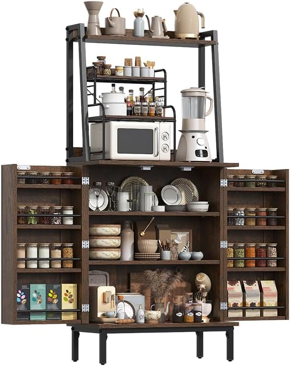 Semoic 51" Pantry Cabinet, Kitchen Storage Cabinet with Storage Shelves, Modern Kitchen Hutch with Microwave Stand, Adjustable Shelves, Food Pantry Cabinet for Dining Room (Retro Brown)
