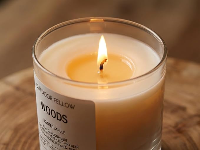 Outdoor Fellow Woods Scented Candle, 8oz, Coconut & Apricot Wax Blend, Mahogany, Cashmere, Patchouli, Tonka Bean, 40-50 Hour Burn Time, Earthy Home Fragrance