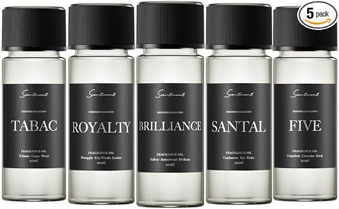 Scentiment Designer Diffuser Oil Discovery Kit - Top 5 | Aromatherapy Home Fragrance | Luxurious Scent with of Brilliance, Santal, Royalty, Tabac, Five (20ml)
