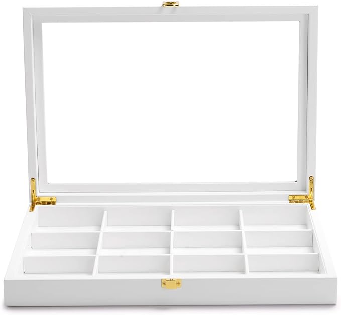 Oirlv White 12 Gird Jewelry Organizer Tray with Acrylic Lid Premium Leather Jewelry Box with Transparent Lid Bracelet Bangle Watch Display Case