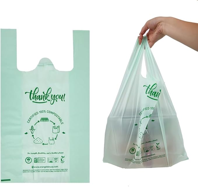 (Large) OrangeBio Certified Home Compostable Shopping Bags, 200ct, 12"x 6" x 20" (Extra Thick), Hold 20 lbs, Thank You/Grocery/Take Out/T Shirt/To-Go Bags for Retail, Grocery Store
