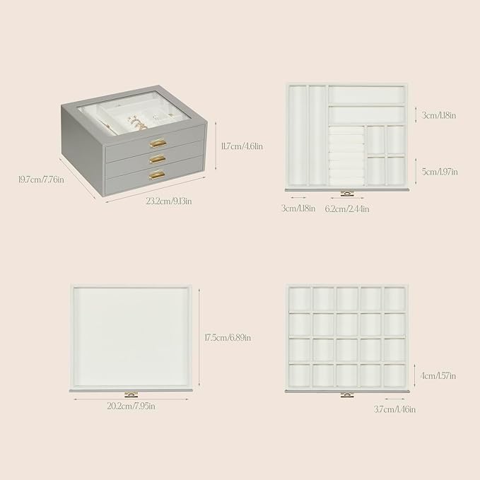 Jewelry Box Organizer with 3 Drawers,Glass Lid Jewelry Boxes for Women,Jewelry Storage for Rings,Necklaces,Earrings,Bracelets,Interesting Gift,Gray