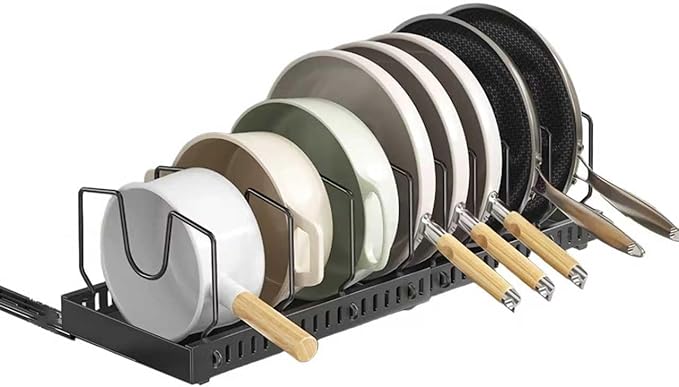 Mnftive pots and pans organizer under cabinet,pot lid organizers inside cabinet holders for kitchen,Horizontal and vertical pulling modes,Can be extended and adjusted (Black horizontal pull-out)