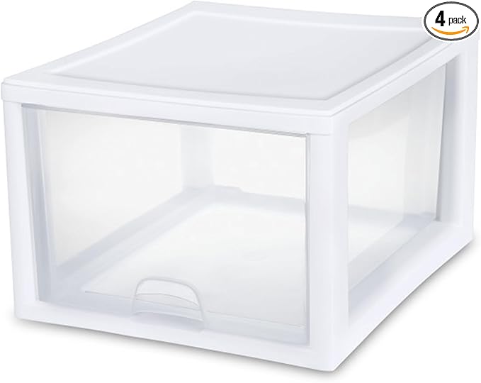 Sterilite 27 Qt./26 L Stacking Drawer, White, 4 Pack
