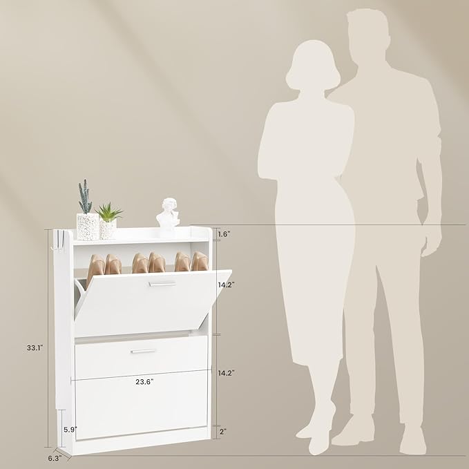 Shoe Cabinet Organizer with 2 Flip Drawers，Freestanding Shoe Rack Cabinet，Narrow Shoe Cabinet Storage for entryway，Foyer, Hallway, White, 23.6" W × 6.3" D × 33.1" H