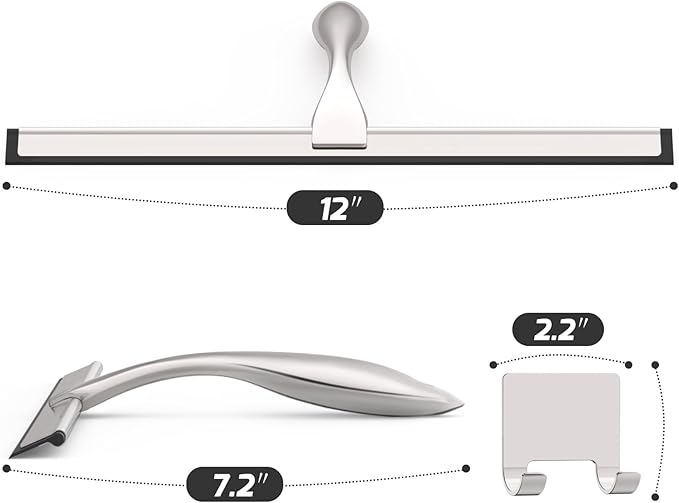 Zeerun All-Purpose Stainless Steel Shower Squeegee for Glass Doors with Adhesive Hooks, Squeegee for Shower Glass, Bathroom Household Cleaner Tool for Window Mirror Tile Wall Car, 12 inch, Silver
