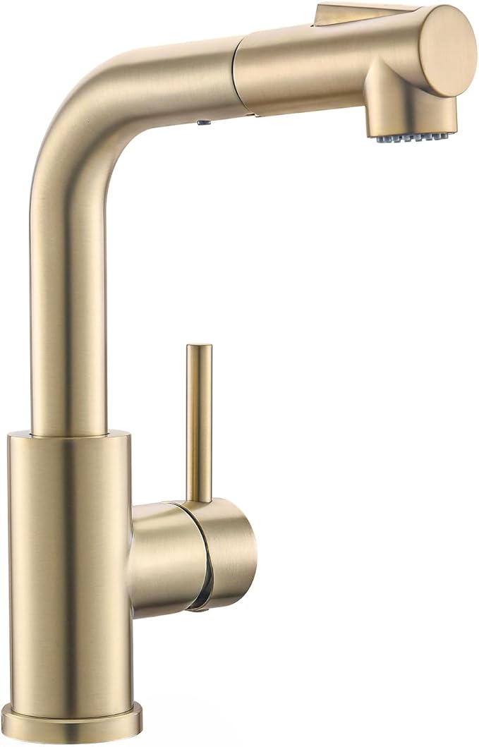 GIMILI Modern Bar Sink Faucet for Kitchen Sink Single Handle with Pull Out Sprayer Hot and Cold Prep Sink Faucet Brushed Gold