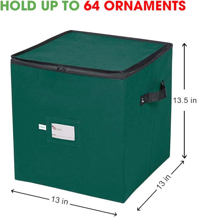 Primode Christmas Ornament Storage Box, 4 Individual Trays Xmas Storage Container, Fits 64 Ornaments Decoration Balls, Constructed of Durable 600D Oxford Material (Green)