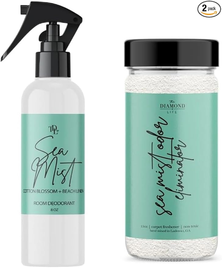 The Diamond Life Home “Sea Mist” Carpet Powder & Room Spray Bundle – Cotton Blossom & Linen – Natural Carpet Deodorizer for Vacuuming, Fabric & Upholstery Freshener, Air & Linen Spray – Pet & Kid Safe