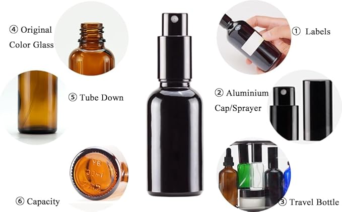 YIZHAO Black Glass Spray Bottles 1oz, with Small Fine Mist Spray, Metal Cap, Refillable for Essential Oil,Travel,Cleaning,Perfume,Aromatherapy,Makeup – 6 Pcs