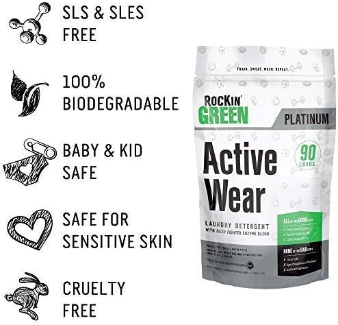 Rockin’ Green Active Wear Laundry Detergent - Unscented Laundry Detergent Powder & Odor Eliminator - Workout Clothes & Sportswear - Safe for Sensitive Skin - 90 Loads
